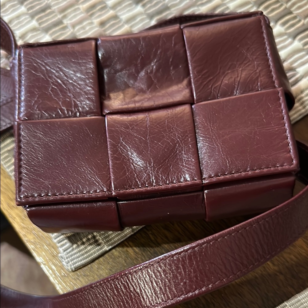 Burgundy Bottega Venetta mini casette Leather Crossbody Bag